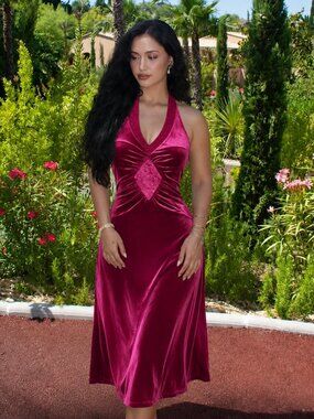 Y2K Sangria Velvet Halter Midi Dress Red Size 6 Formal Soft Glam